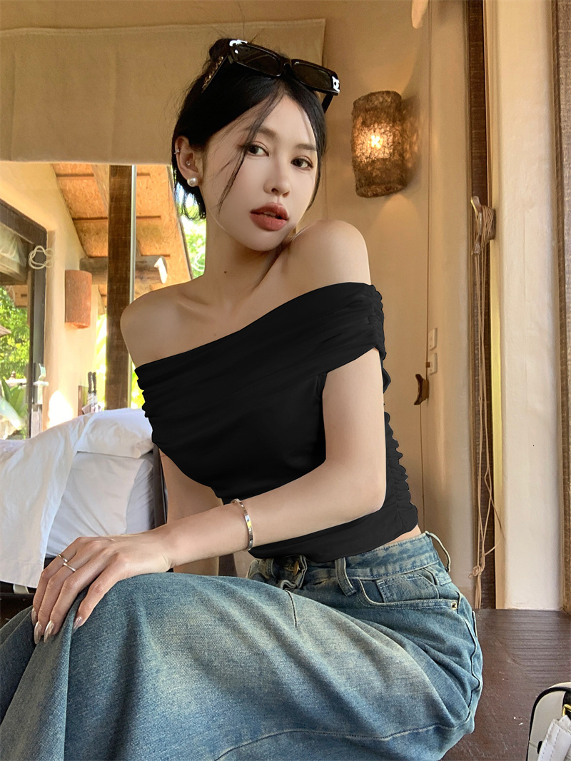 Spicy girl solid color one shoulder niche slim fit chic and exquisite top women's T-shirt