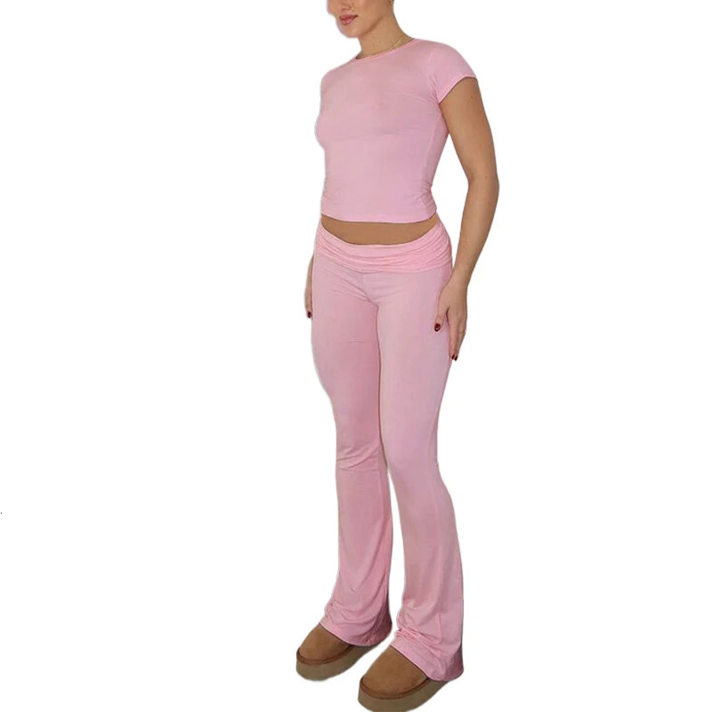 Lounge Sets For Women 2 Piece Short Sleeve Crop Tops Fold Over Flare Pants Casual Going Out Y2K Outfits Tracksuits 240627