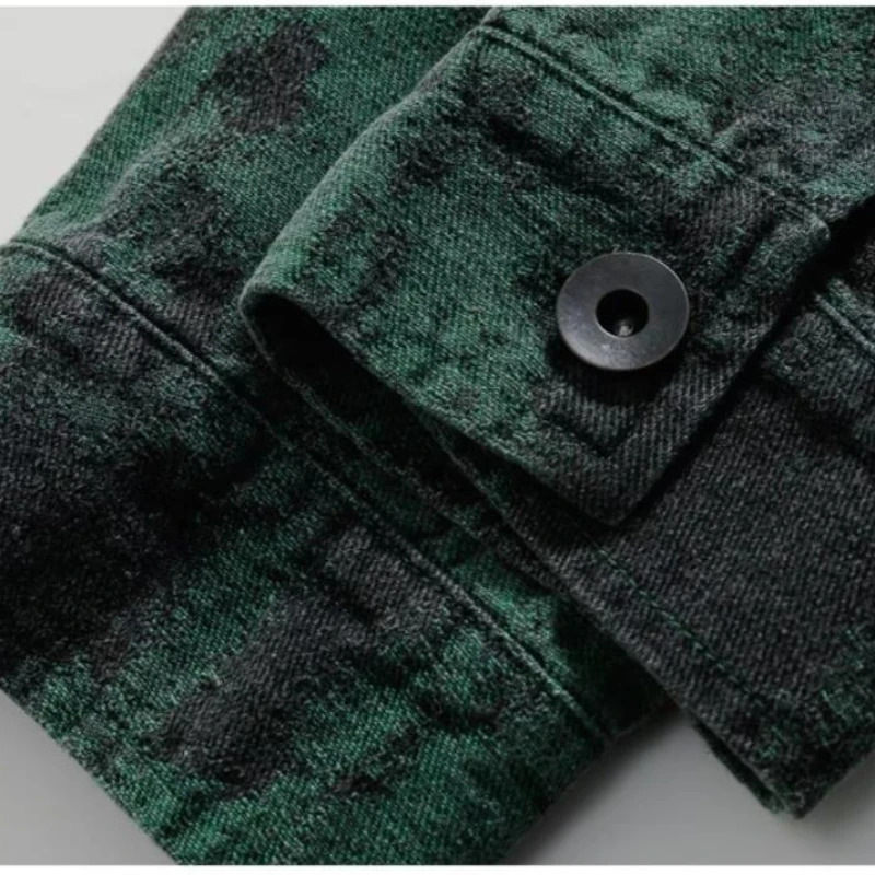 Men Tie-Dye Denim Jacket College Harajuku Casual Green Coat American Hip Hop Trend Lapel Loose Outwear Autumn Unisex Streetwear 240712