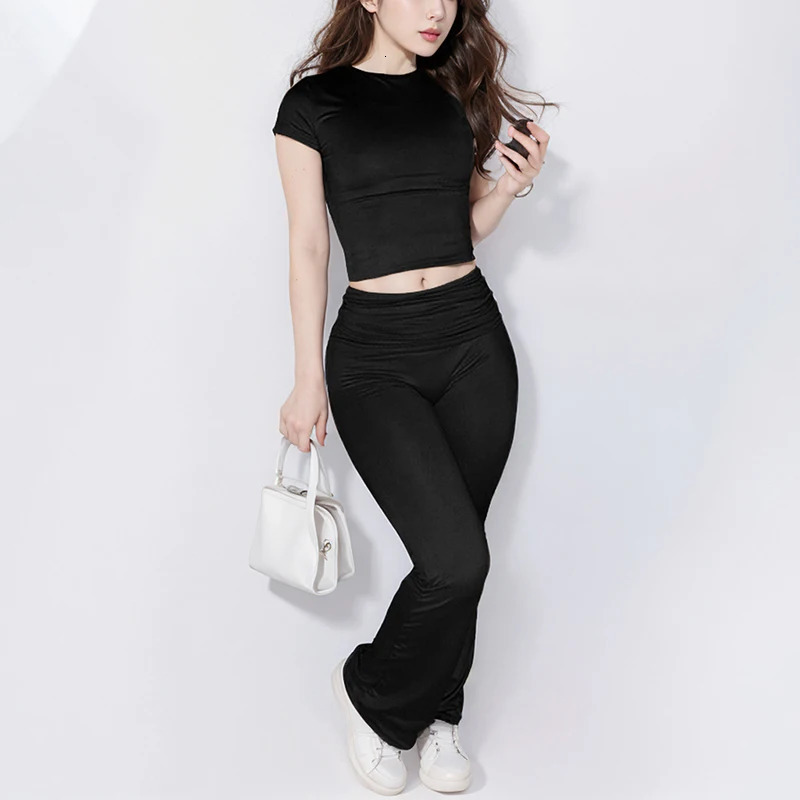Lounge Sets For Women 2 Piece Short Sleeve Crop Tops Fold Over Flare Pants Casual Going Out Y2K Outfits Tracksuits 240627