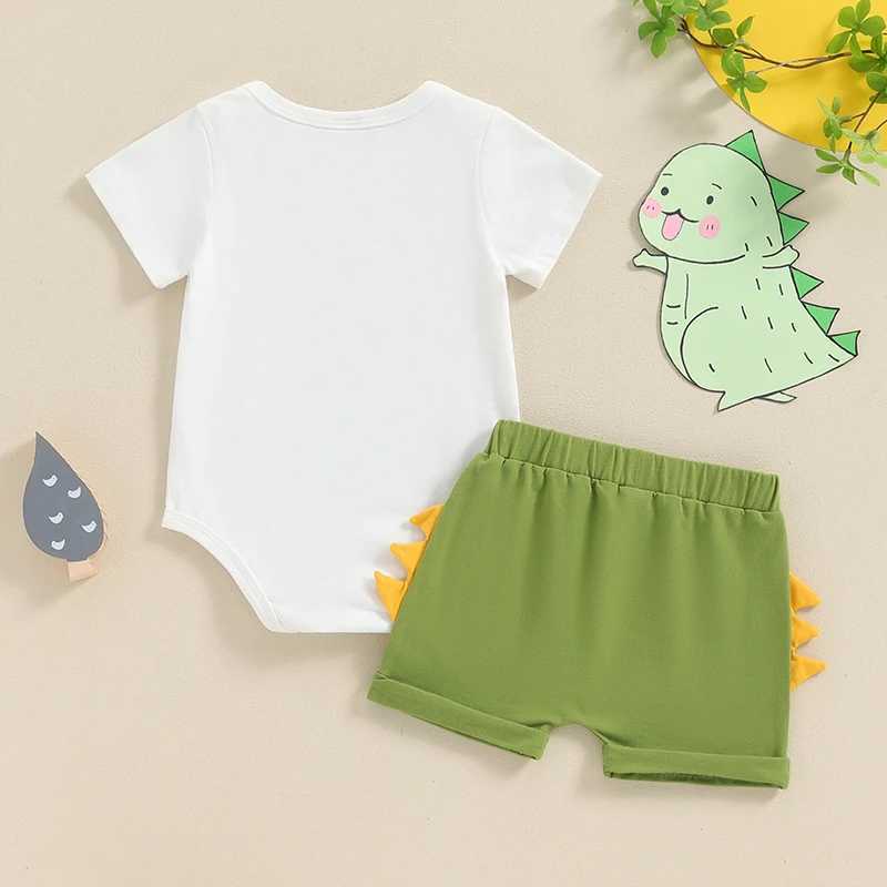 Clothing Sets 2024-04-17 Lioraitiin Baby Boys 2Pcs Birthday Outfits Short Sleeve Dinosaur Print Romper + Shorts Set Newborn Clothes