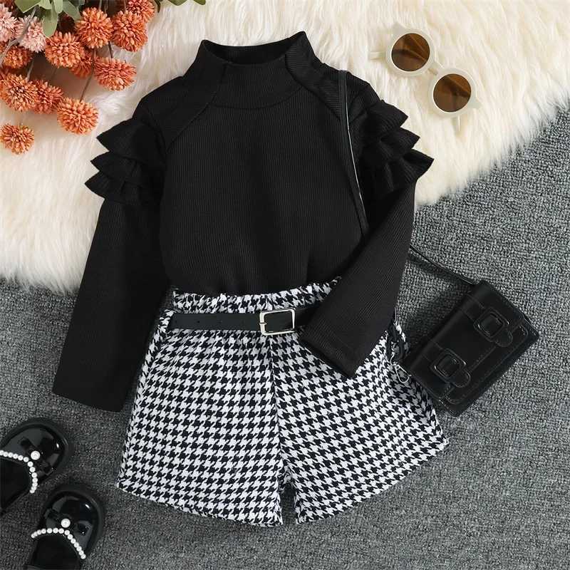 Clothing Sets 2022-08-15 Lioraitiin 0-6Years Toddler Girl Autumn Clothes Ruffled Long Sleeve High Neck Ribbed Houndstooth Print Shorts Belt