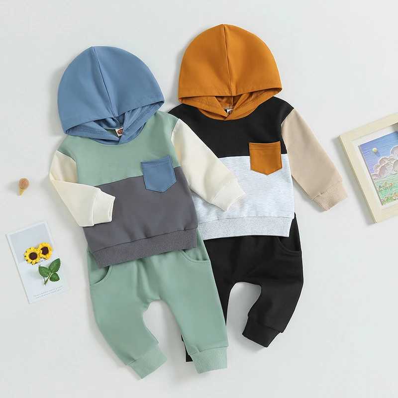 Clothing Sets 2023-05-25 Lioraitiin 0-3Years Baby Boys 2Pcs Autumn Outfits Contrast Pocket Knitted Long Sleeve Hoodie Sweatshirt Pants