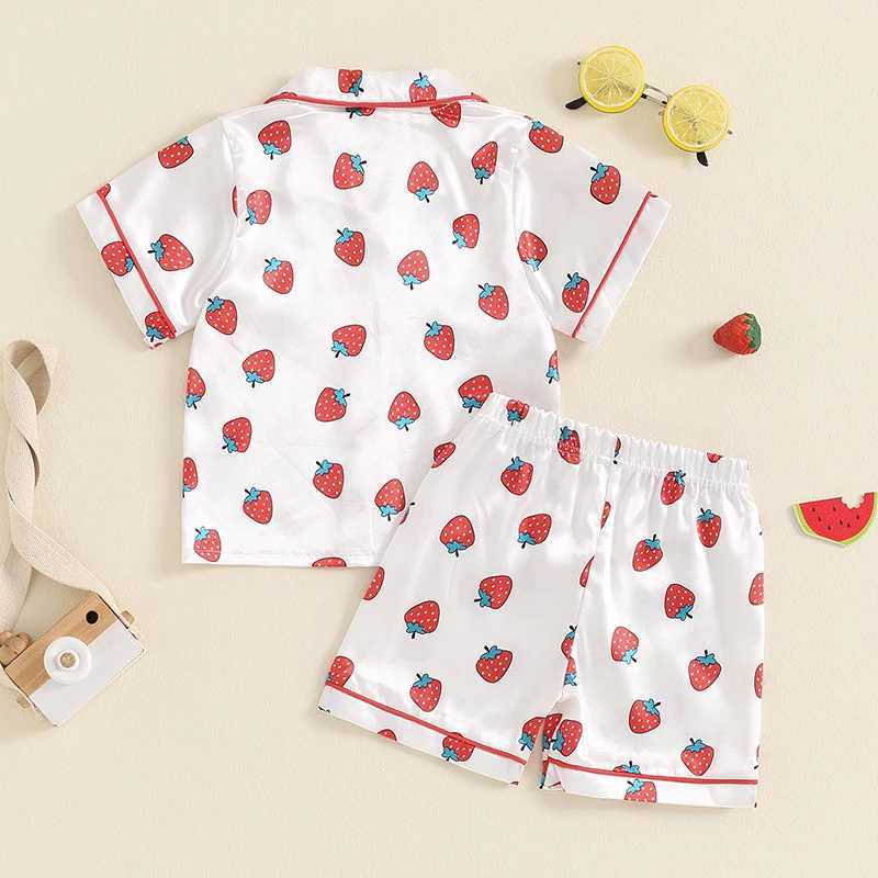 Clothing Sets 2024-04-26 Lioraitiin Baby Girl 2Pcs Pajama Set Short Sleeve Strberry Print Button Shirt + Shorts Set Kid Loungewear