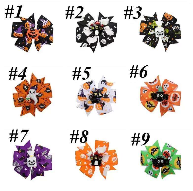 Halloween Decoration Grosgrain Ribbon Bows For Baby Girls Ghost Pumpkin Pinwheel Clips Hair Accessories 3inch
