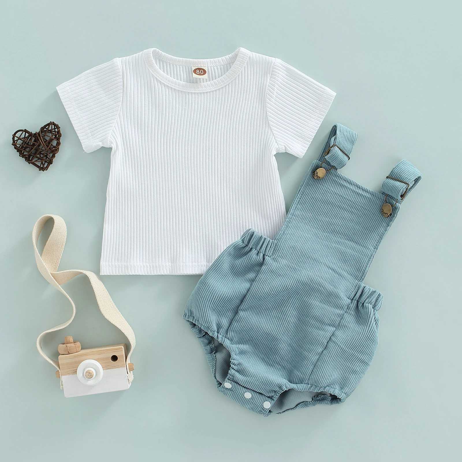 Clothing Sets Lioraitiin Baby Strappy Romper Suit Ribbed Round Neck Short Sleeve T-Shirt Tops + Adjustable Straps Romper Two Piece Set