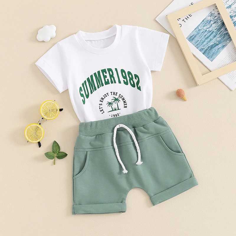 Clothing Sets 2024-03-21 Lioraitiin 0-3Y Toddler Baby Boys Summer 2PCS Shorts Sets Short Sleeve Letter Print Tops and Drstring Shorts Sets