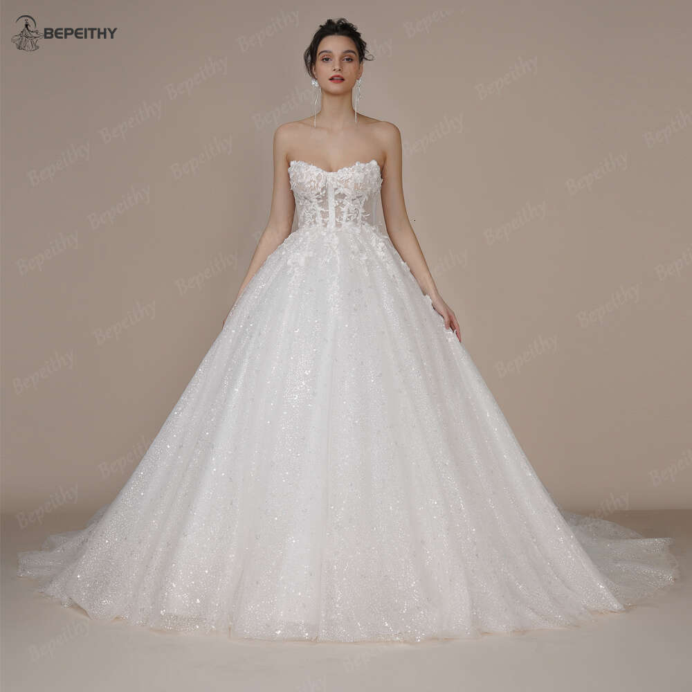 BEPEITHY Princess Strapless Ivory Glitter Wedding Dresses For Women Court Train Bride 3D wer Romantic Shinny Bridal Gown