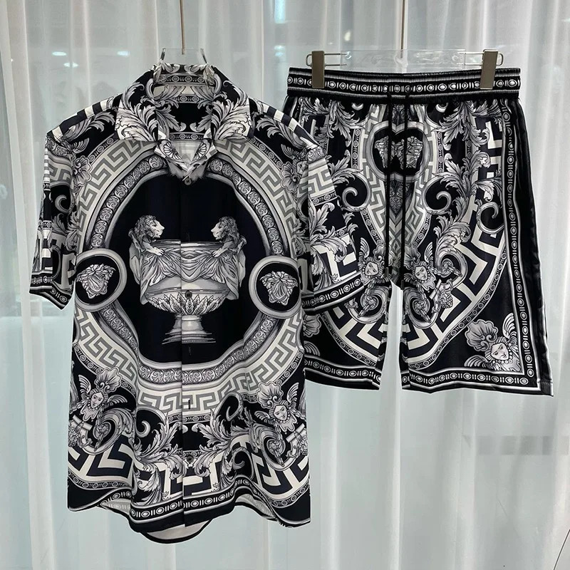 Hawaiian Style Shirt Suit Mens Summer Vacation Casual ShortSleeved Shorts Seaside Beach Flower 3D Print Sportswear 240708