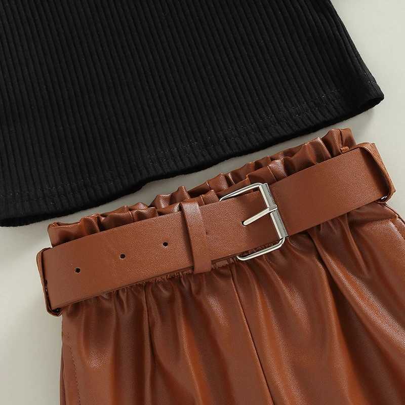 Clothing Sets 2022-06-13 Lioraitiin 0-6Years Toddler Girls T-shirt Trousers Fashion Ribbed Puff Long Sleeve Tops PU Leather Long Pants Belt