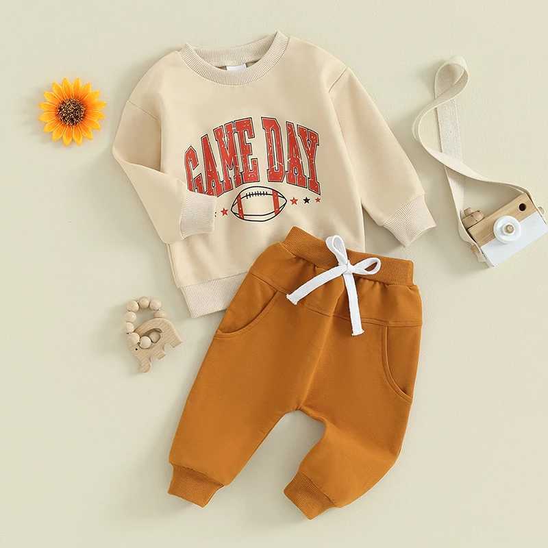 Clothing Sets 2023-09-14 Lioraitiin 0-3Y Toddler Boys Clothes Sets Long Sleeve Letter Rugby Print Sweatshirt and Drstring Pants Sets 2PCS