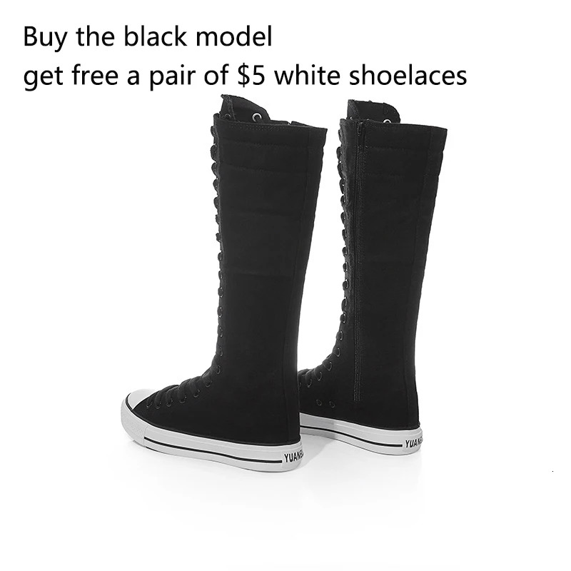 Ryamag New Women's Canvas Long Boots Zip Shoes Flats Platform High Top Lace-Up Zipper Comfortable Vulcanize Sneakers