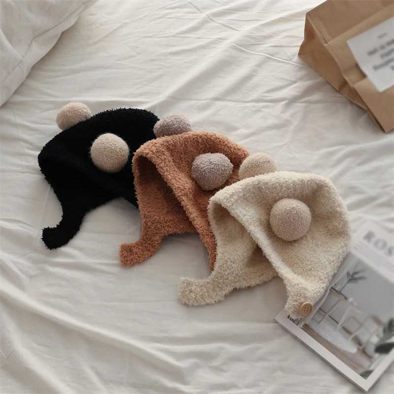 Winter Warm Preschool Girl Boy Baby Hat Wool Hemp Hat Solid Wool Ear Protection Hat with Ball Soft Newborn HatW240715