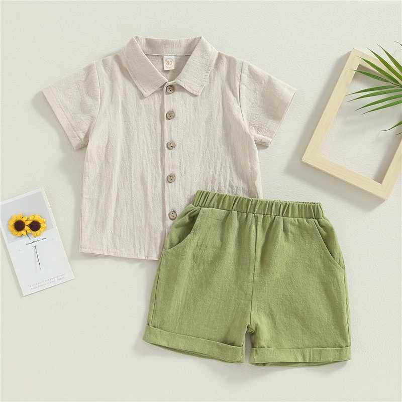Clothing Sets Summer Kid Baby Boys Clothes Sets Toddler Outfit Solid Color Turn-Down Collar Short Sleeve Shirts+Elastic Waist Shorts 2pcs Sets