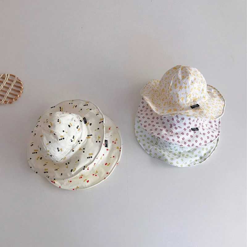 Summer Large Brim Sun Hat Baby Cute Cherry Print Girls Fishermans Hat Solid Color Childrens Sun Hat Outdoor Beach Panama HatW240715