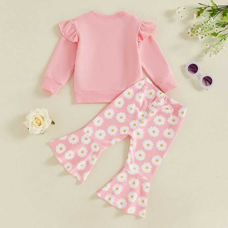Clothing Sets 2024-05-29 Lioraitiin Little Girls 2PCS Fall Outfits Flying Sleeve Solid Color Pullover Tops Floral Flared Pants Sets