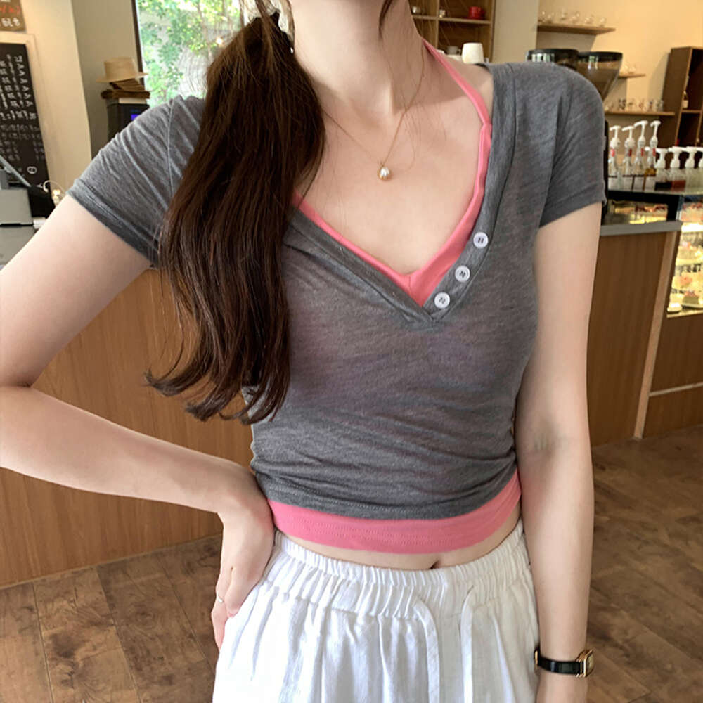 Hot girl hanging neck V tie chest pad vest short sleeved cover T-shirt women's summer new two-piece set