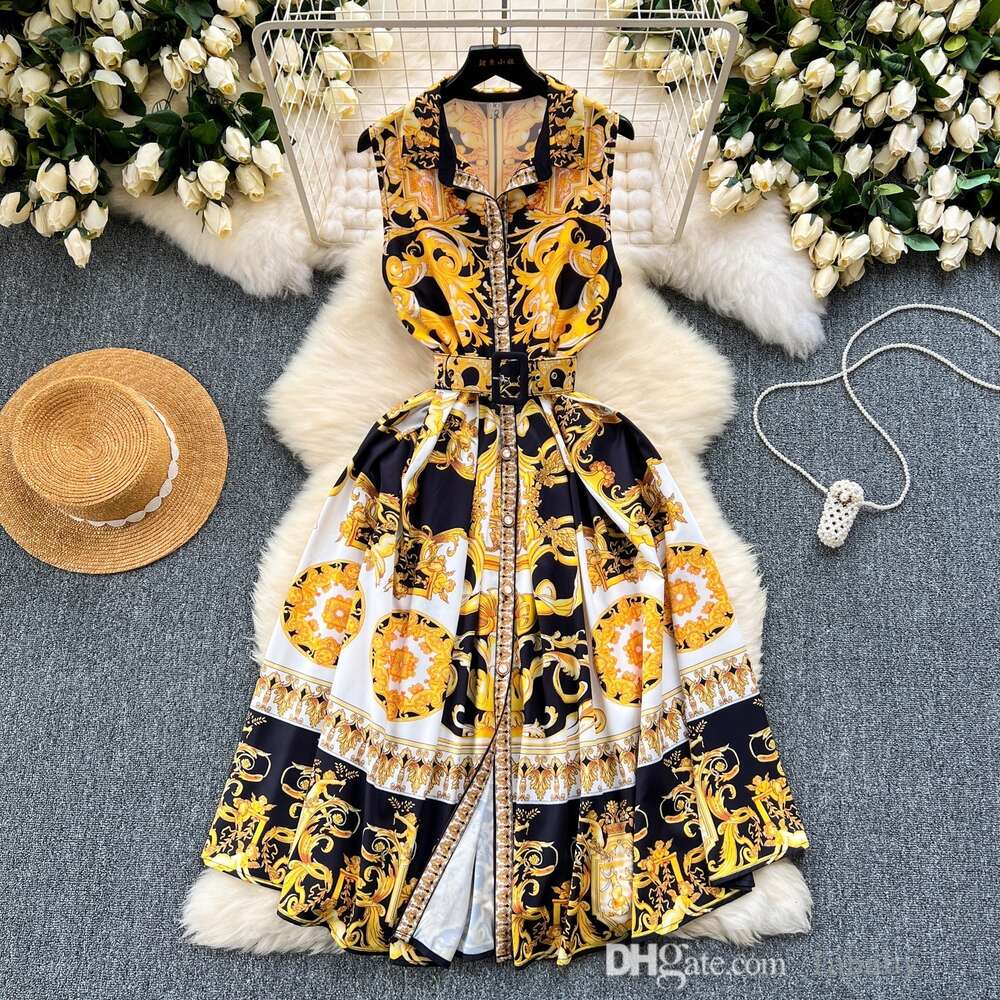 Vintage Elegant Dresses For Woman Fashion Printed Summer Dress Sexy Sleeveless Long Skirt Luxury Shirt Dress Outfits