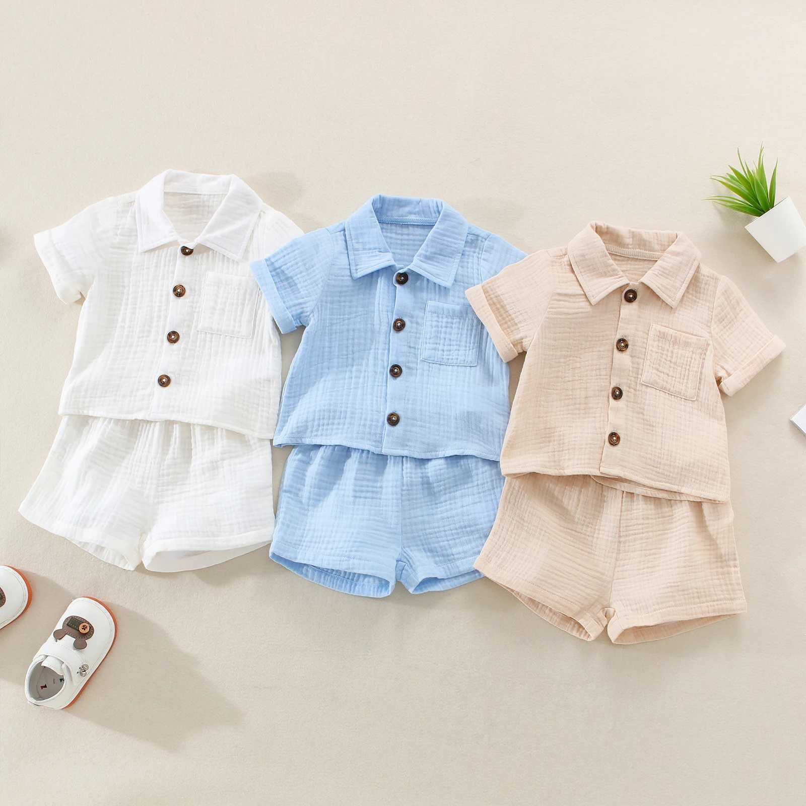 Clothing Sets 2023-04-04 Lioraitiin 0-3Years Toddler Baby 2Pcs Summer Outfits Solid Short Sleeve Button Down Lapel Shirt Shorts Set