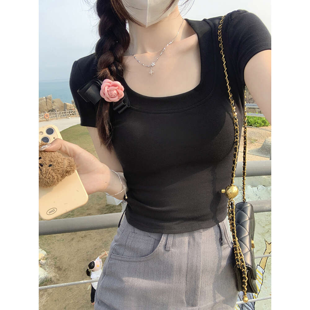 Solid color versatile shoulder T-shirt for women in summer, pure desire, tight fitting, sweet and spicy short style, U-neck slimming collarbone top