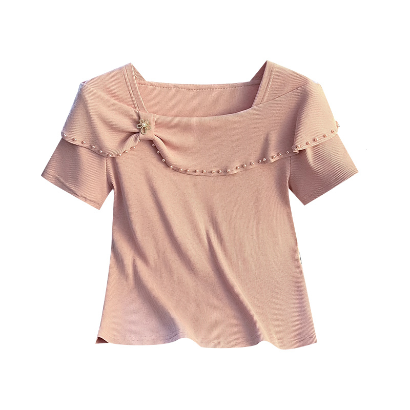 2024 Summer New Chinese Style High end Fashion Customized Bead One neck Small Fresh Simple Versatile Short sleeved T-shirt for Women