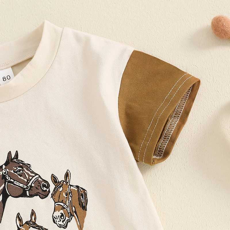 Clothing Sets 2024-05-10 Lioraitiin Toddler Boys Summer Outfits Western Elements Horse Print Contrast Color Short Sleeve T-Shirts Shorts Set