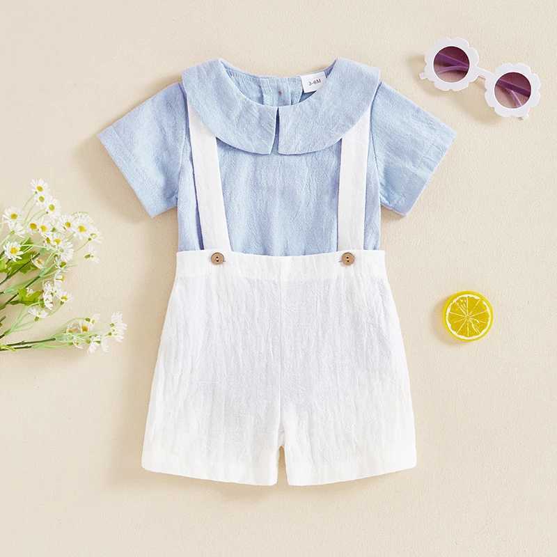 Clothing Sets Baby Boys Outfits Toddler Clothing Solid Color Doll Collar Short Sleeve Rompers Suspender Shorts 2Pcs Gentleman Clothes Set