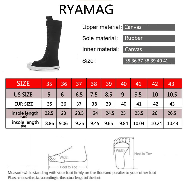 Ryamag New Women's Canvas Long Boots Zip Shoes Flats Platform High Top Lace-Up Zipper Comfortable Vulcanize Sneakers