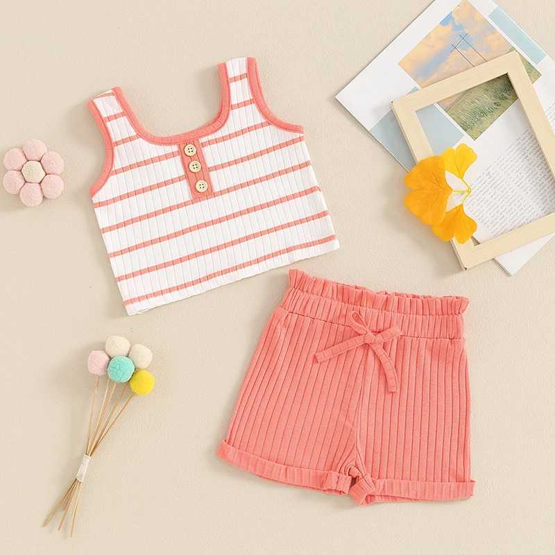 Clothing Sets 2024-04-01 Lioraitiin Toddler Baby Girl Summer Ribbed Set Striped Round Neck Sleeveless Tank Tops Elastic Waist Shorts Outfits