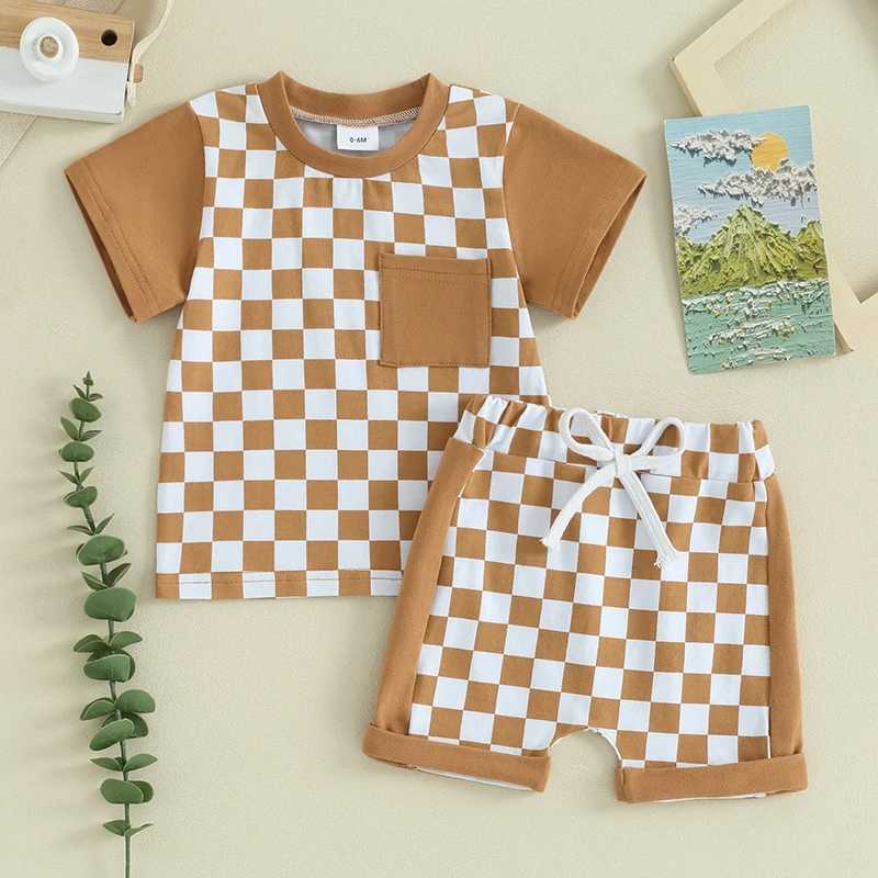 Clothing Sets 2023-12-28 Lioraitiin 0-3Y Toddler Baby Boys Summer Outfits Checkerboard Short Sleeve T-Shirts Tops and Elastic Waist Shorts Set