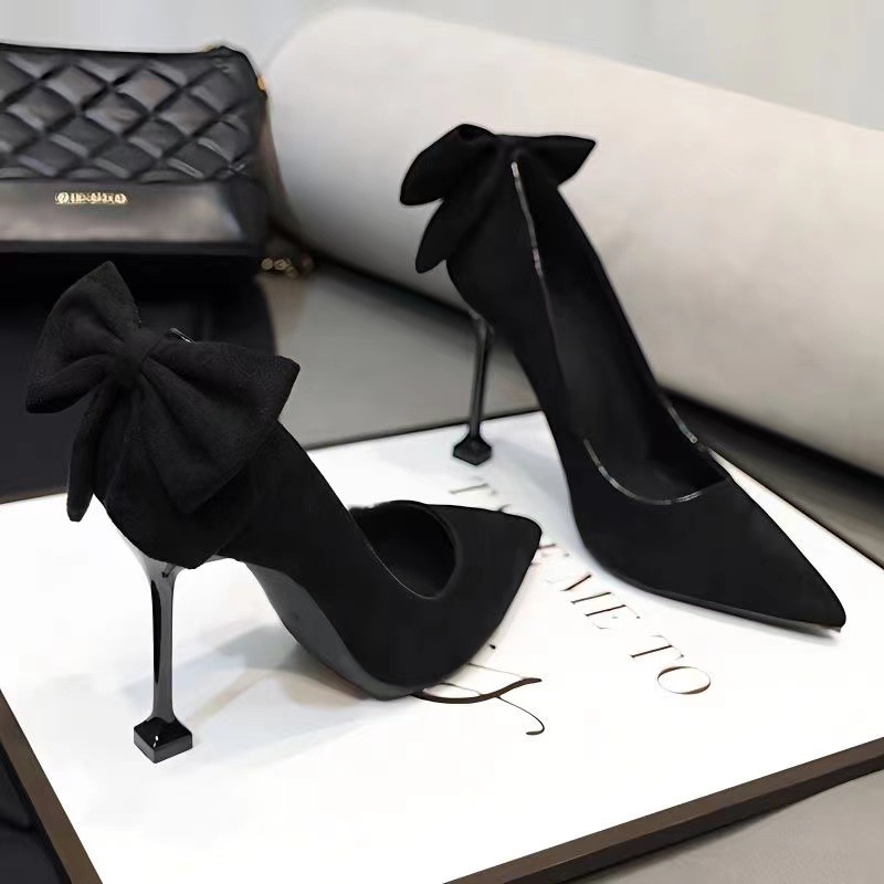 French single shoes female 7cm small heel temperament bridesmaid 9cm fine heel bow suede medium heel pointed black high heels