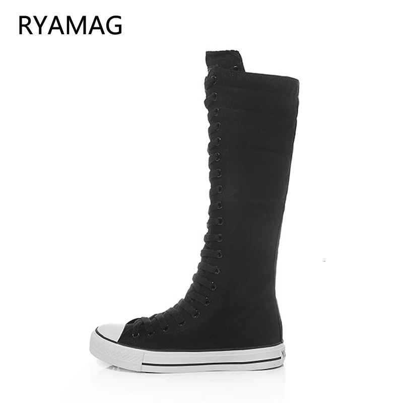 Ryamag New Women's Canvas Long Boots Zip Shoes Flats Platform High Top Lace-Up Zipper Comfortable Vulcanize Sneakers