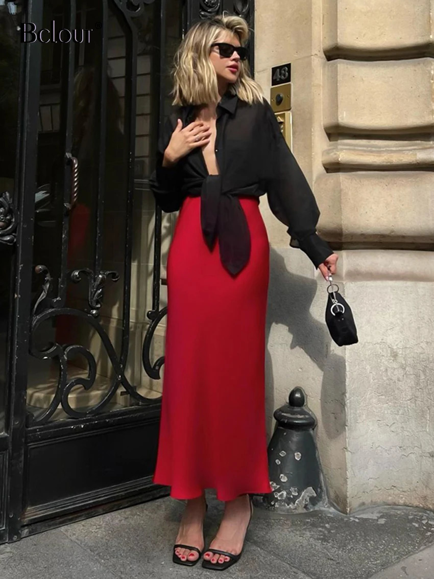 Bclout Fashion Satin Red Skirts Women 2024 Elegant Solid High Waist Office Lady Skirts Vintage Thin Party Slim Long Skirts Sexy 240715