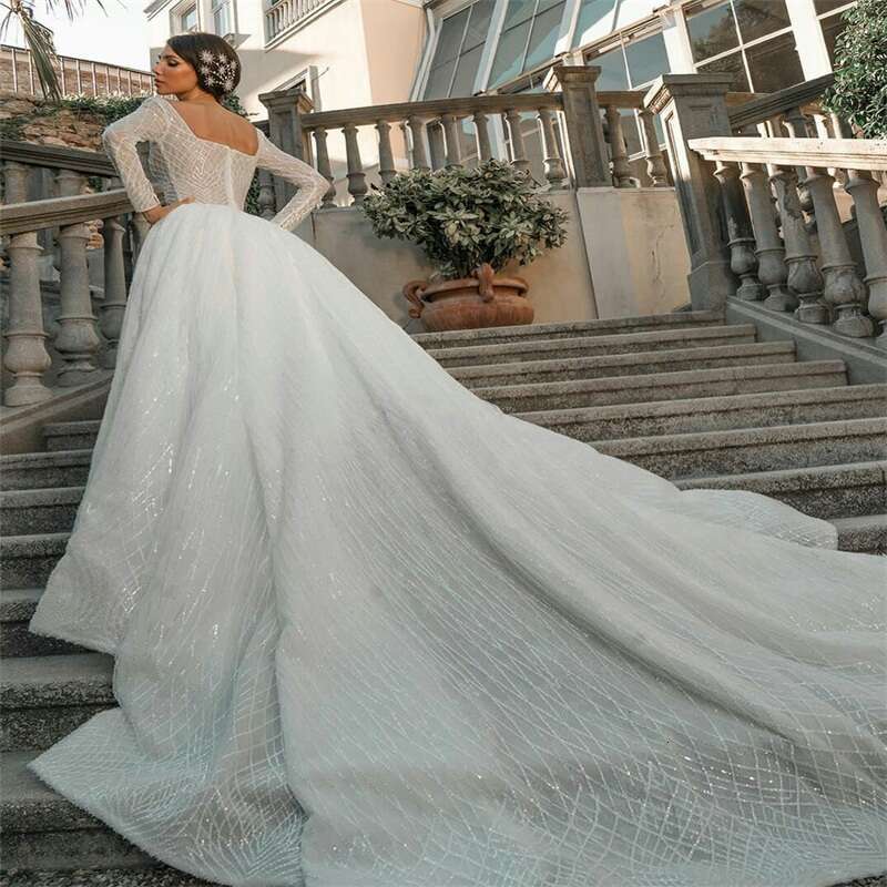 Robe De Mariee Wedding Dress With Detachable Train Sequins Beads Custom Made Long Sleeves Dubai Arabic Bride Dresses