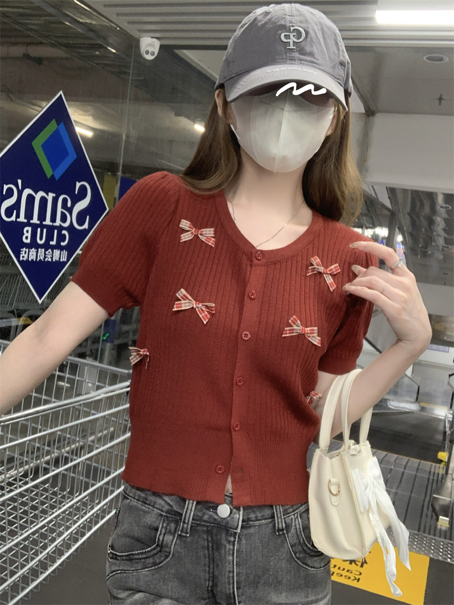 Sweet three-dimensional butterfly bow in summer, slim fit and slimming short sleeved knitted cardigan for women