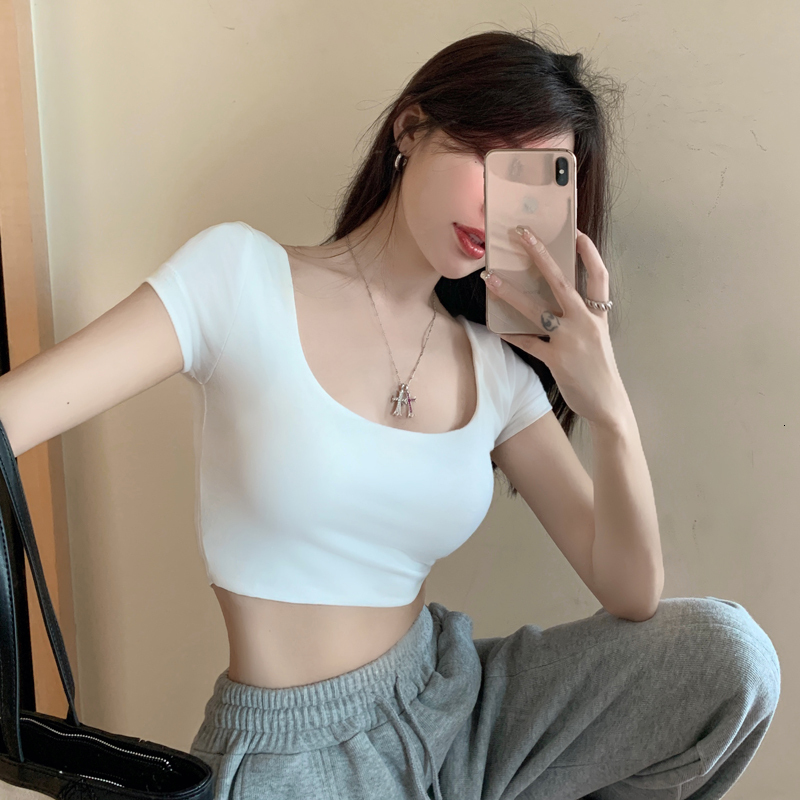 Pure desire spicy girl square neck sleeved women's short style exposed navel sexy tight fitting T-shirt slim fit with U-neck top inside