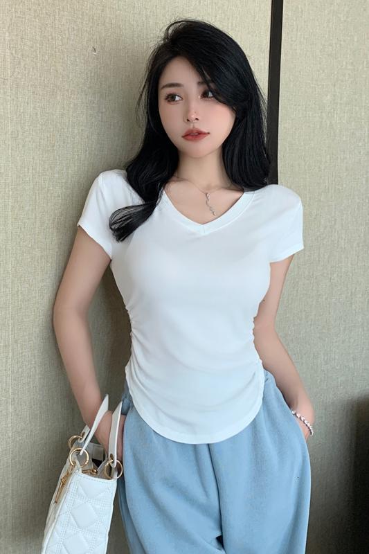 JoyingFeng style Fengshen V-neck sleeved T-shirt for women's summer thin design, pure desire to pair with slim fit short top