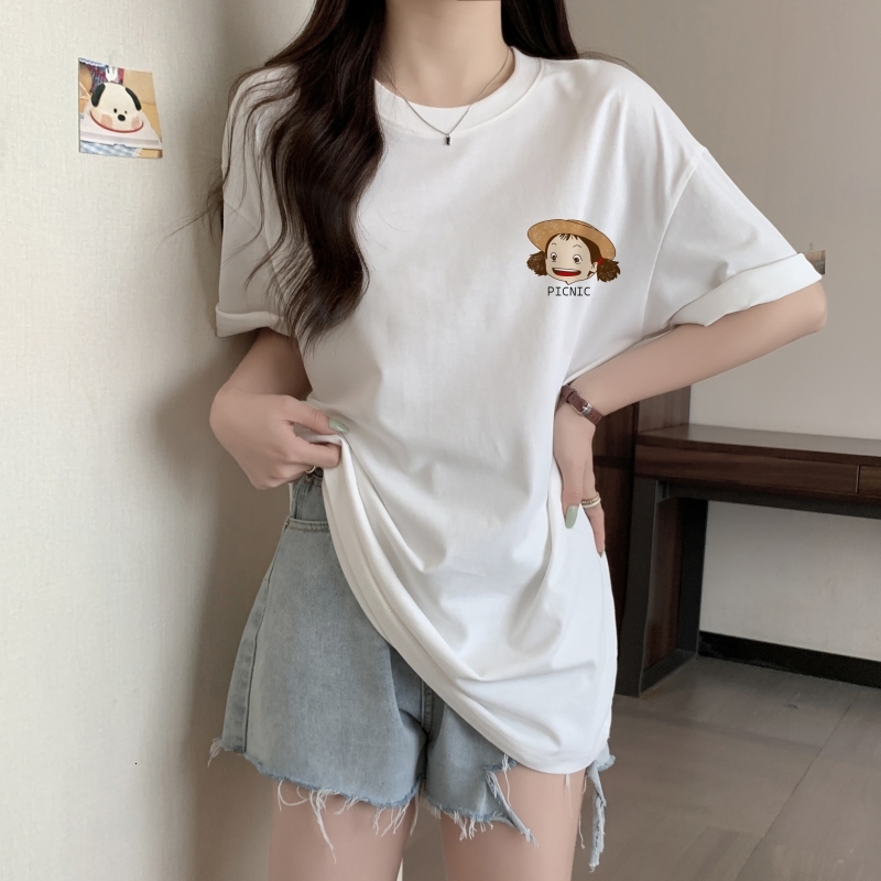 100% combed pure cotton printed summer short sleeved T-shirt for women loose fitting Korean version