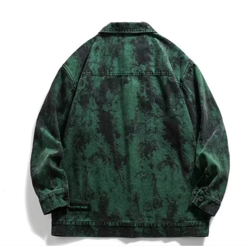 Men Tie-Dye Denim Jacket College Harajuku Casual Green Coat American Hip Hop Trend Lapel Loose Outwear Autumn Unisex Streetwear 240712