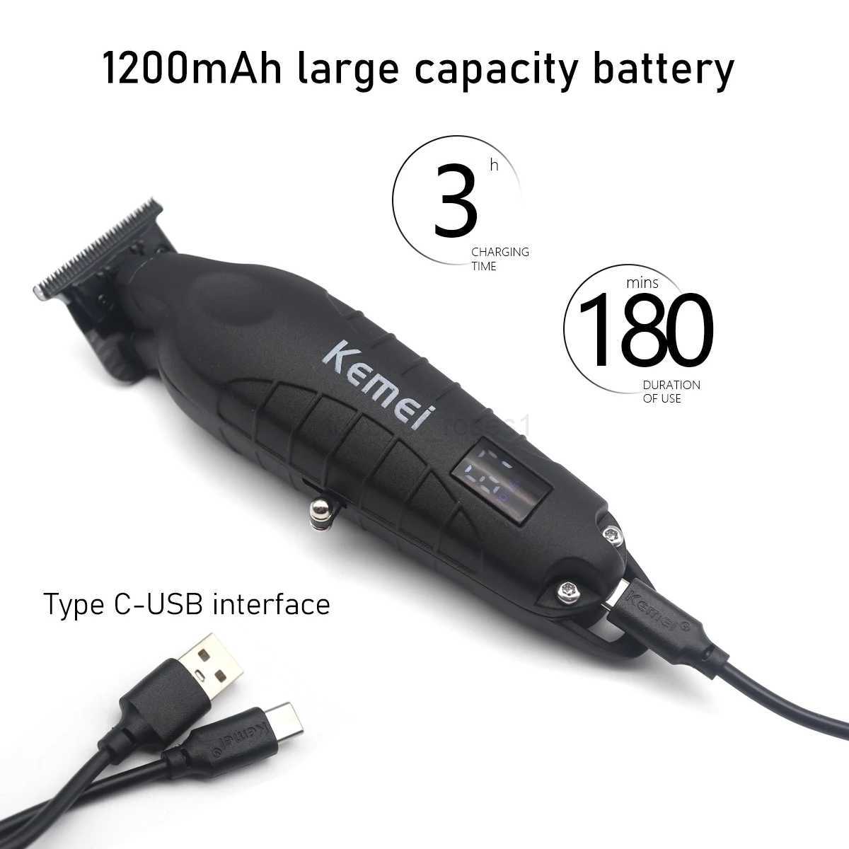 Kemei KM-2293 Professional Hair Trimmer Machine Zero Gapped Full Metal DLC T- Finishing Machine USB LED Mans Hair Clipper M250403