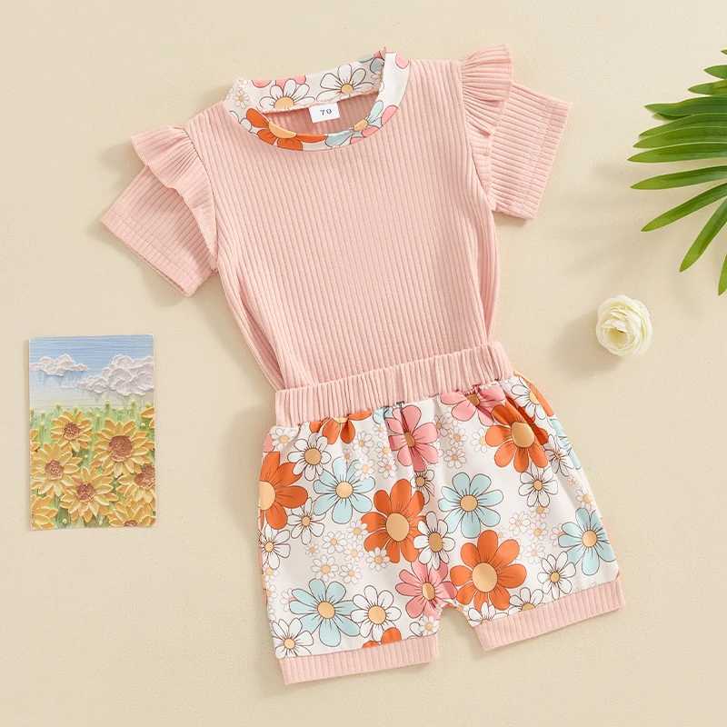 Clothing Sets 2024-03-25 Lioraitiin 0-3Y Summer Baby Girls 2PCS Clothes Sets Pink Short Sleeve Crewneck Ruffle Tops Floral Shorts Sets