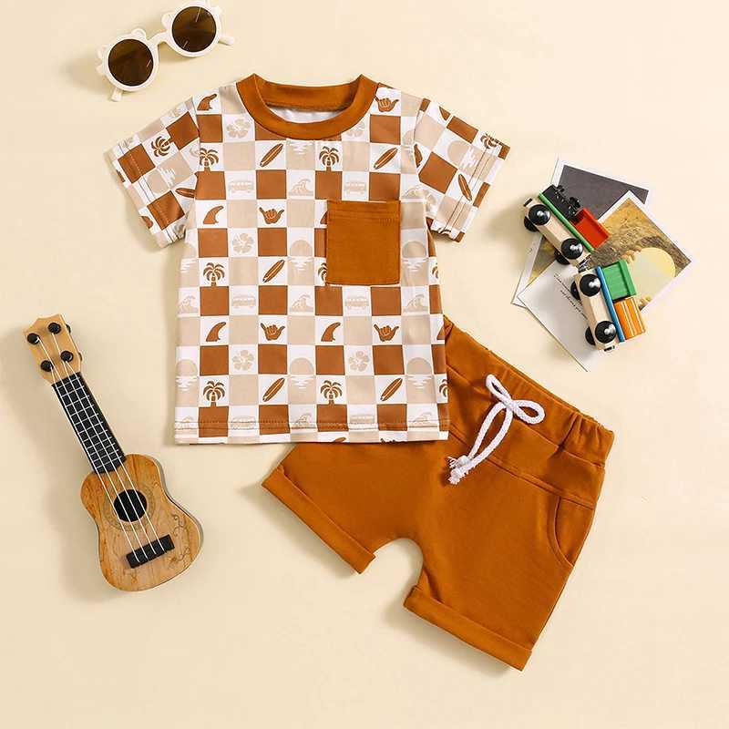 Clothing Sets 2024-02-04 Lioraitiin Toddler Boys Summer Outfits Checkerboard Print Short Sleeve T-Shirts Tops Elastic Waist Shorts Clothes Set