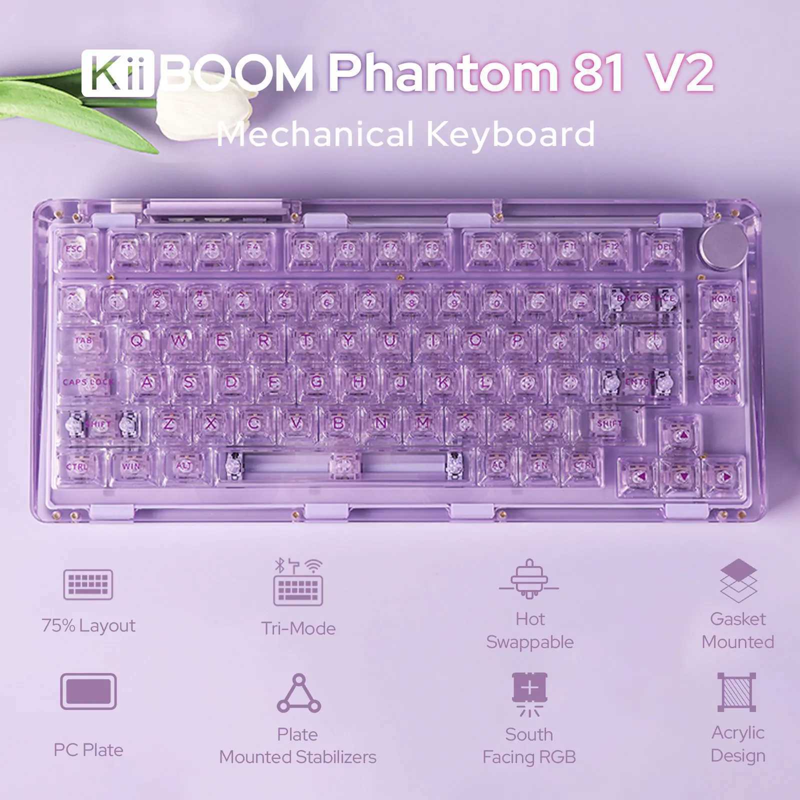 KiiBOOM Phantom 81 V2 Upgraded Crystal Gasket-Mounted USB-C Wired/Bluetooth5.0/2.4GHz Wireless Hot-Swappable Mechanical KeyboardM240715