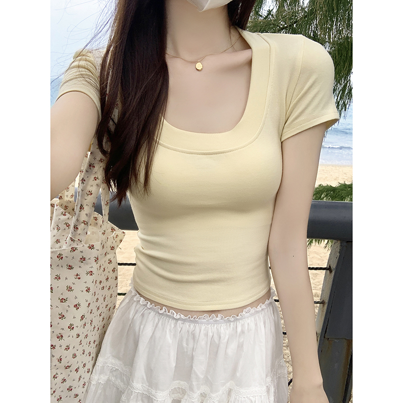 Solid color versatile shoulder T-shirt for women in summer, pure desire, tight fitting, sweet and spicy short style, U-neck slimming collarbone top