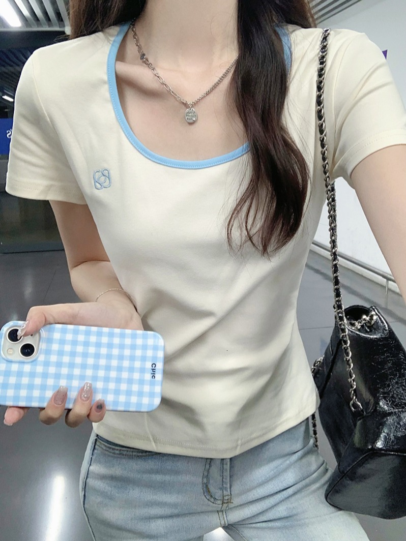 Summer Korean version U-neck exposed collarbone embroidery slim fit short sleeved T-shirt top for women