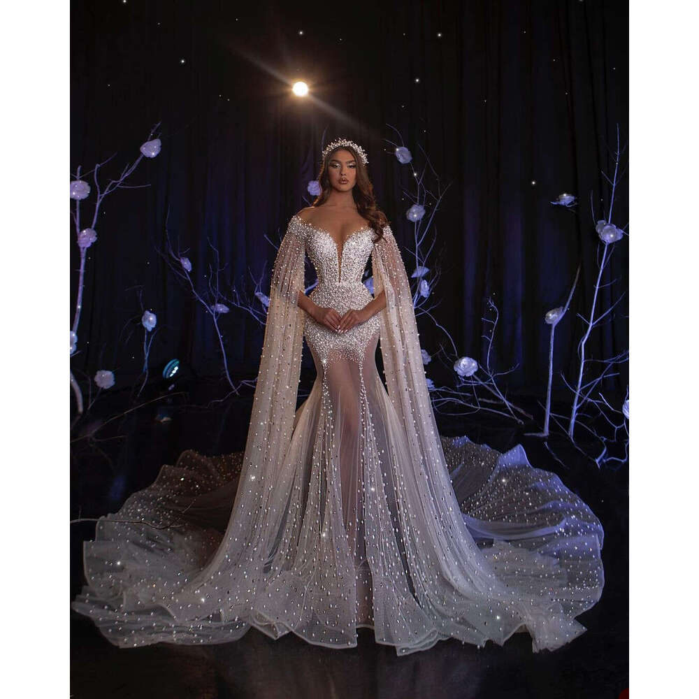 Spring Fashion Mermaid Wedding Dresses Super Long Sleeves Robe De Mariee Pearls Beads Lace Custom Made Boho Bridal Gowns