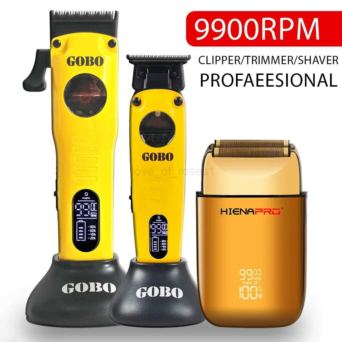 GOBO 3pcs 9900RPM 15M Set Professional Hair Clipper Magnetic Motor Barber Cutting Machine DLC Trimmer With Charger Stand M241223