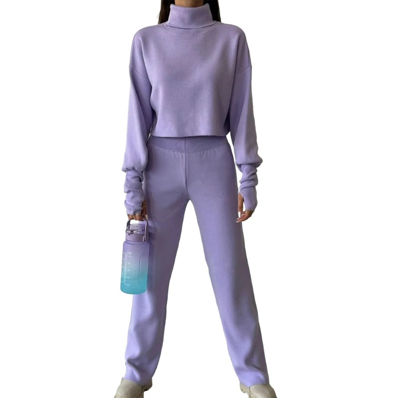 Womens Fall Solid Knitted 2 Pieces Set Long Sleeve Turtleneck Pullover Sweater Top and High Waist Pants Loose Outfits N7YD 240712