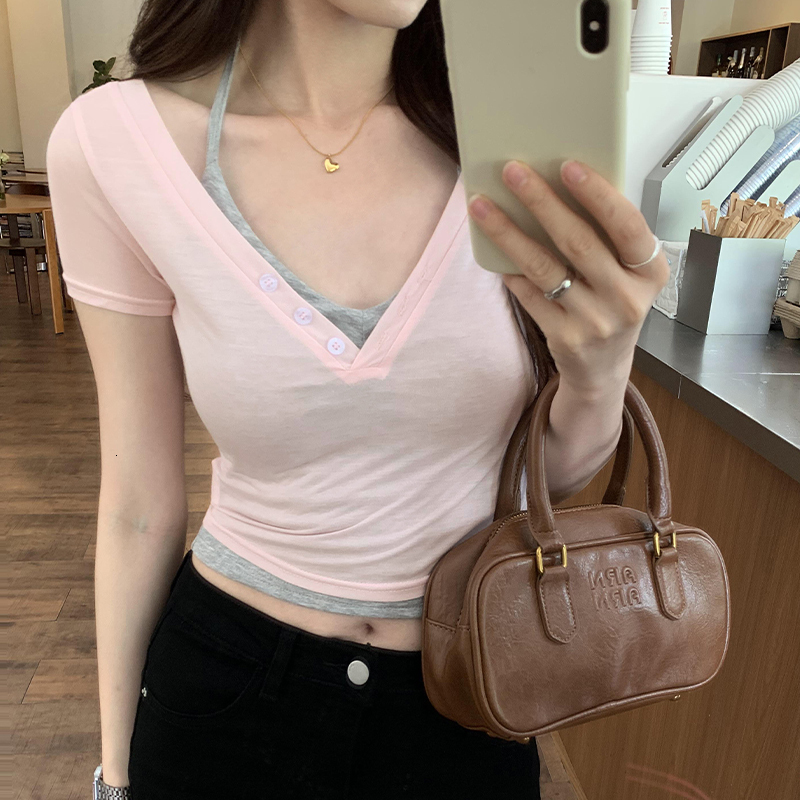 Hot girl hanging neck V tie chest pad vest short sleeved cover T-shirt women's summer new two-piece set