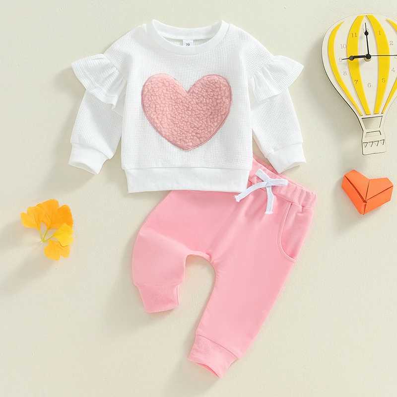 Clothing Sets 2024-05-24 Lioraitiin Toddler Girls Fall Outfits Heart Embroidery Ruffles Long Sleeve Sweatshirt and Elastic Sweatpants Set